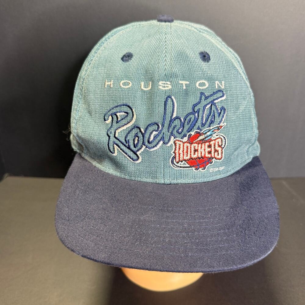 Vtg 90s Houston Rockets Blue Corduroy Script Snapback Lee Sport Vintage Hat Cap